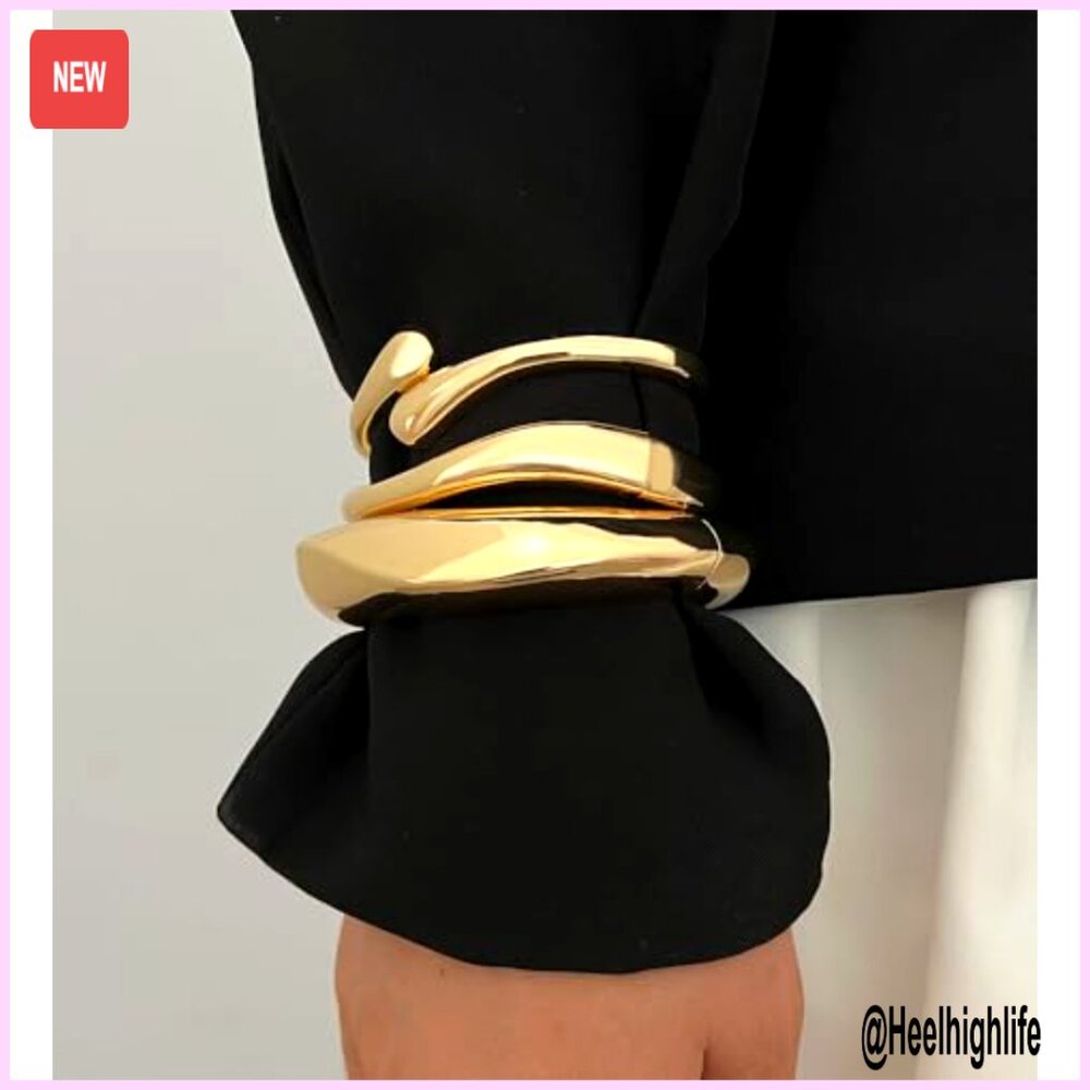 Chunky Gold Plated Bangle Bracelets Stack Set, St… - image 4